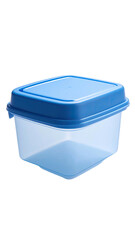 Square, clear plastic food container with a blue lid