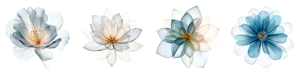 Fototapeta premium Translucent Floral Set: Watercolor Flowers, Ethereal Blooms on White
