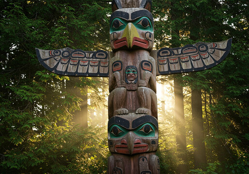 Totem Indien XL 150 Cm - Bois Sculpté Coco Papaya, Motifs Anima