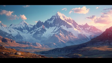 Majestic snow-capped mountain peaks rise majestically against a backdrop of a breathtaking, colorful sunset sky.