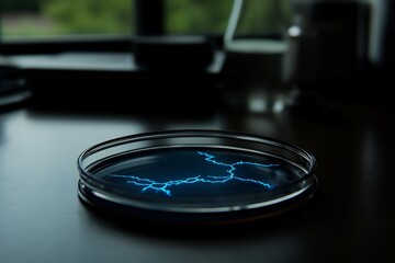 Glowing crystal structures emerging chemistry reaction on petri dish scientific fantasy realism
