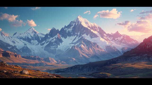 Majestic snow-capped mountain peaks rise majestically against a backdrop of a breathtaking, colorful sunset sky.