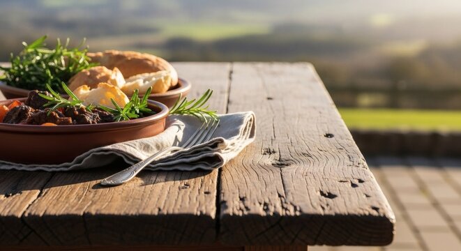 A rustic wooden table laden with a hearty stew, crusty bread, and fresh greens, set against a sun-drenched, rolling green landscape.
