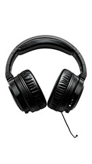 Black over-ear headphones, front view, with a flexible headband and padded earcups.  A small cable is visible