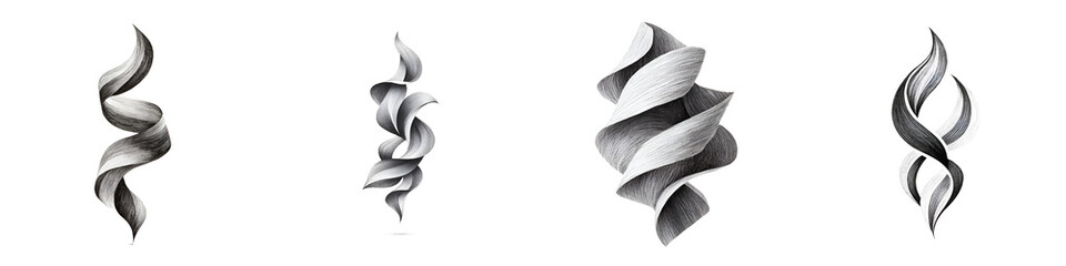Elegant Graphite Drawings of Abstract Spirals, Isolated on White
