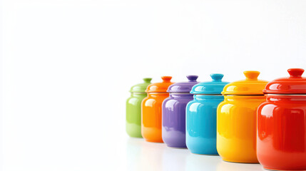 Colorful ceramic jars arranged row, showcasing vibrant hues of green, blue, purple, orange, and yellow. These jars add cheerful touch to any