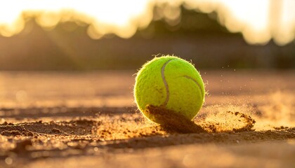 A close-up shot of a neon green spherical sports ball on a tan-colored surface with a blurry sunlit backdrop. Particles of dirt are visible