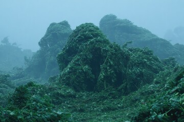 A misty landscape of tangled, green debris