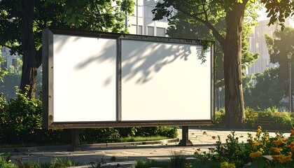 Outdoor billboard in a park setting. Bright sunlight illuminates the blank displays, framed by trees, flowers, and urban structures
