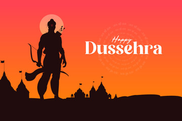 Happy Dussehra text layout with an illustration of Lord Rama's bow, arrow, and temple background for the Indian festival Dussehra.