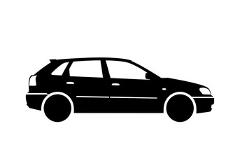 Fototapeta premium Black silhouette of a modern hatchback car in profile view, symbolizing transportation and automotive design