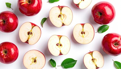 Red apples and slices, arranged on white background