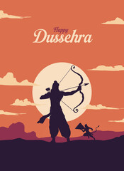 Happy Dussehra text layout with an illustration of Lord Rama's bow, arrow, and temple background for the Indian festival Dussehra.