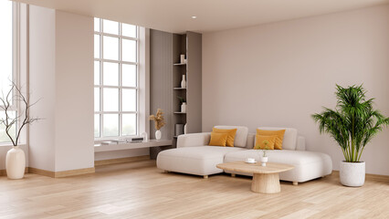 Interior of a modern living room with a stylish white sofa and shelf. Minimalist design with  empty wall for mockup.3drender