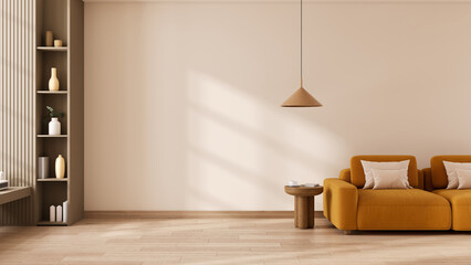 Cozy and minimal interior background  ,mustard yellow sofa with blank wall for copy space and indoor plant. 3d render