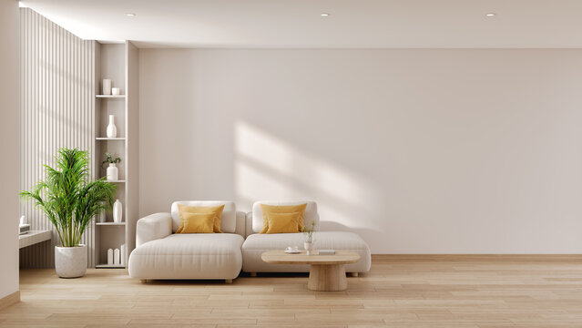 Cozy and minimal interior background  , white sofa with blank wall for copy space and indoor plant. 3d render