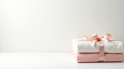 Stack of neatly folded pink and white towels tied with a satin ribbon isolated on white background, creating a soft and inviting atmosphere perfect for spa or home decor
