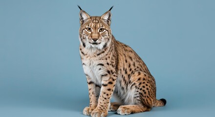 Obraz premium A majestic Eurasian lynx with distinctive ear tufts and spotted fur sits regally against a solid blue background.