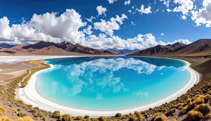 Azure lake reflecting a cloudy sky in a high-altitude Andean landscape