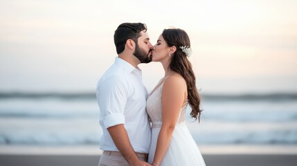 A couple enjoying a tender kiss at sunset, framed by a picturesque beach where the waves ebb and flow at their feet. The suns glow creates a dreamy effect, making this an ideal image for romantic