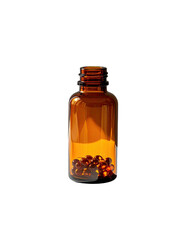 Amber glass bottle containing small, dark capsules