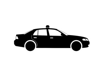 Fototapeta premium Silhouette of a classic sedan car with a taxi light on its roof, presented in a side profile view against a white background