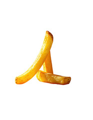 Close-up of two golden-brown french fries, slightly overlapping, forming a letter "A
