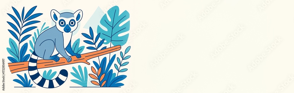 Poster cute cartoon lemur sitting on a tree branch surrounded by tropical jungle leaves on a clean light ba