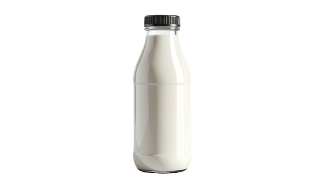 Clear glass milk bottle with black cap