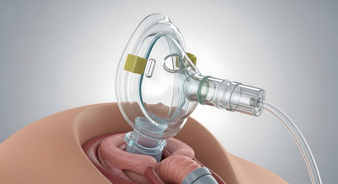 Close up of a clear medical laryngeal mask airway with tubing and connectors on