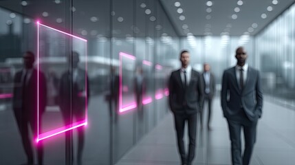 Business Team Walking Past Hologram Screens in Modern Office Building with Grey Suits