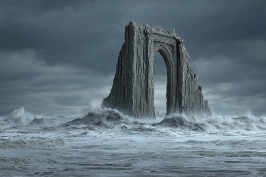 Ruined archway on a stormy sea