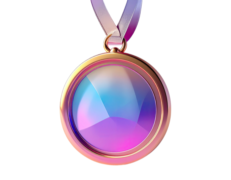 A vibrant, iridescent medal with a gold frame and ribbon - Powered by Adobe