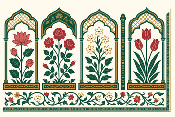 Mughal Flower Plant Vector Illustration with Ornamental Floral Motifs © MORIUM JANNAT