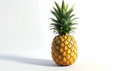 A bright, eye-level shot of a fresh pineapple with spiky green leaves atop a textured golden shell against a pristine white background