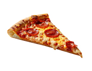 A single, cheesy pepperoni pizza slice, slightly tilted, showing melted cheese and a crisp crust