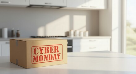 Cardboard box with Cyber Monday stamp on kitchen counter