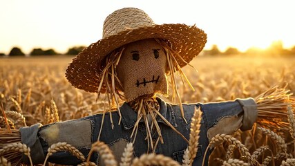 Golden Hour in the Wheat Fields: Rustic Scarecrow Standing Guard at Sunset, A Serene Pastoral Scene with Golden light over Agricultural land
