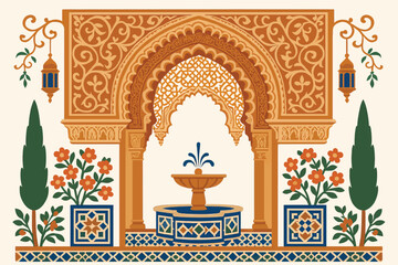 Andalusia Arch Vector Illustration with Ornamental Tiles and Garden Motifs
