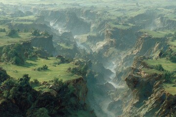 High-angle view of a valley with steep cliffs and grassy plains
