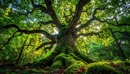 Obraz premium Enormous, ancient tree, draped with moss, reaches skyward, with sunlight filtering through the lush, green canopy, creating magical forest ambiance