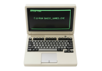 Retro cream 1980s laptop, green pixelated CRT screen showing 'C:\>RUN BASIC_GAMES.EXE', mechanical keys, on transparent studio background, soft lighting, strong sense of digital nostalgia
