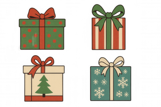 Vintage christmas presents illustration, retro holiday gift boxes with bows, festive celebration design elements