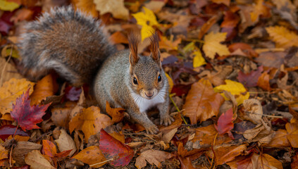 落ち葉の粒度を整えた背景にリスの表情が映える安定構図で食品や雑貨の秋限定パッケージにも転用しやすいデザインフレンドリーな画面.生成AI