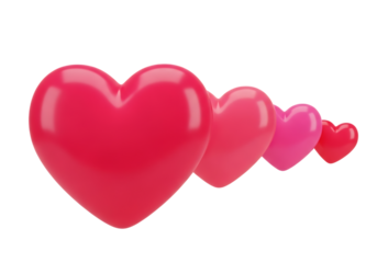 Illustration of a row of pink hearts of varying sizes isolated on transparent background on transparent background