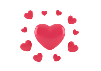 Illustration of a large pink heart surrounded by smaller pink hearts isolated on transparent background on transparent background