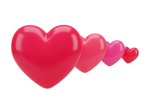 Illustration of a row of pink hearts of varying sizes isolated on transparent background on transparent background
