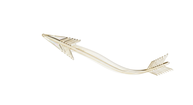 Delicate shimmering iridescent pale gold etched glass arrow, translucent, slender, curved, against transparent background with copy space, gently sweeping right, concept of guidance and destiny