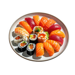 A variety of sushi pieces arranged on a round plate (1)