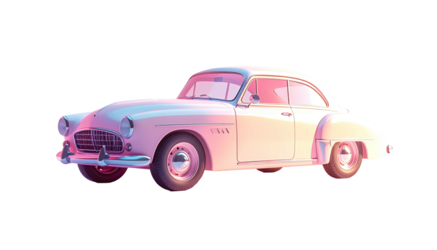 Pastel-pink vintage coupe, two-door, smooth curves, chrome details, whitewall tires,  soft lighting